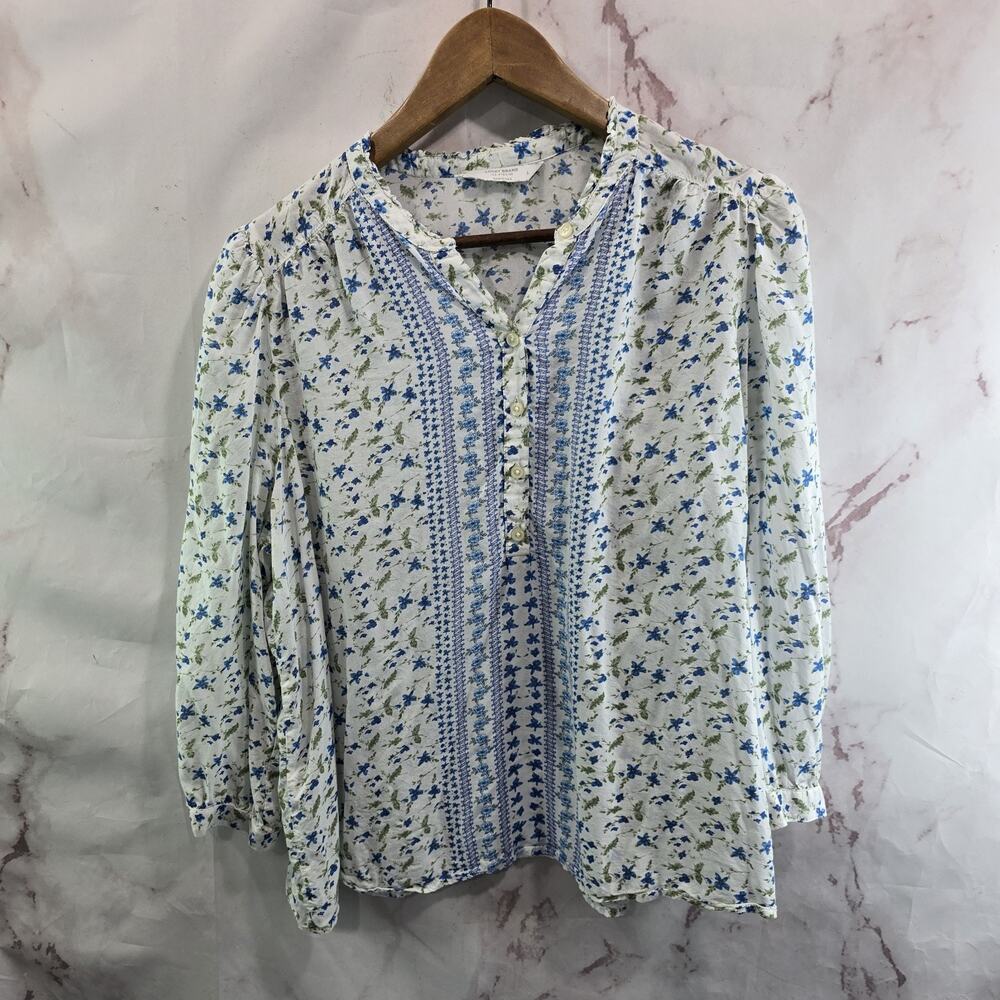 Lucky Brand Shirt Womens Large Blue White Ditzy Floral V Long Notch Popover